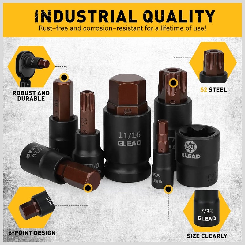 ELEAD 66-Piece Torx Bit & Hex Bit Socket Set: Premium CR-V & S2 Alloy Steel, Star T8-T70 & E-Torx E4-E24, High Torque Laser Marked for Automotive Mechanic - Image 3